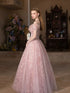 Beautiful Pink Flower Off Shoulder Tulle Prom Dress, A-line Tulle Pink Evening Dress
